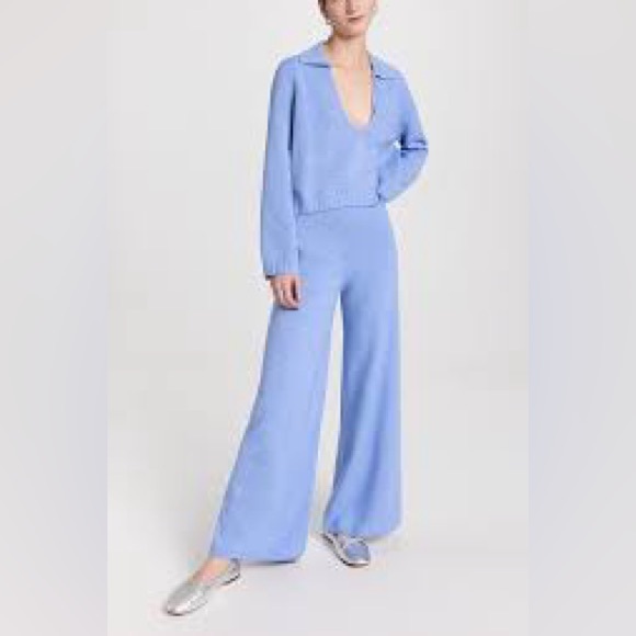 LESET Wide leg pants cashmere lambswool viscose light blue rib waist band soft. - Picture 1 of 10